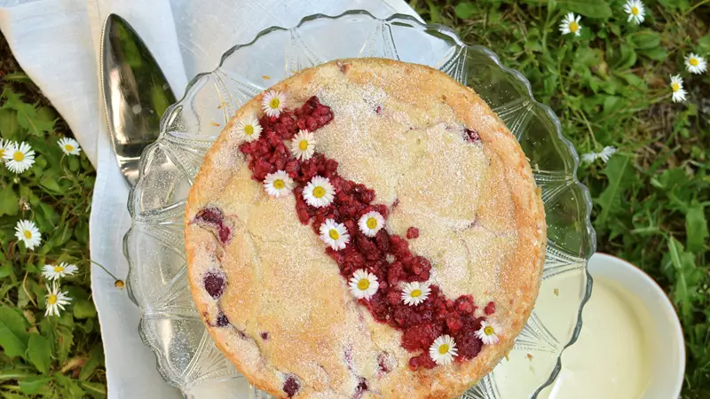 Hallonkaka med florsocker och hallon pyntad med blommor